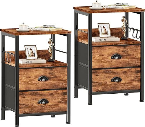 Miniatura 12 de Furologee Juego de 2 mesitas de noche, mesa auxiliar con 2 cajones de tela, mesita de noche con 2 ganchos, estante de madera abierta para