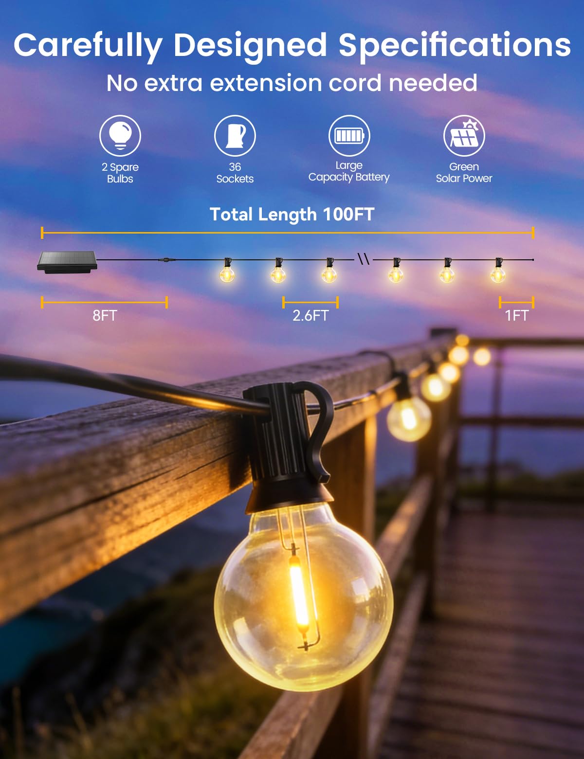 Brightever 30 m Solar-Lichterkette für den Außenbereich, mit Fernbedienung und 36 + 2 LEDs, bruchsicher, G40-Glühbirnen, dimmbar und zeitlos, 3 Beleuchtungsmodi, wasserdichte Solar-Außenleuchten für