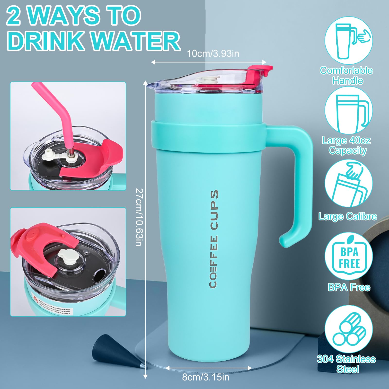 Euakee 40oz Mug Isotherme, 1182ml Sans BPA Tasse à Café Acier Inoxydable, Café avec Paille et Poignée, Double Isolée Tasse Isotherme, Travel Mug Tumbler, Tasse Cafe Voyage (Bleu Euakee 40oz Mug Isotherme, 1182ml Sans BPA Tasse à Café Acier Inoxydable, Café avec Paille et Poignée, Double Isolée Tasse Isotherme, Travel Mug Tumbler, Tasse Cafe Voyage (Bleu