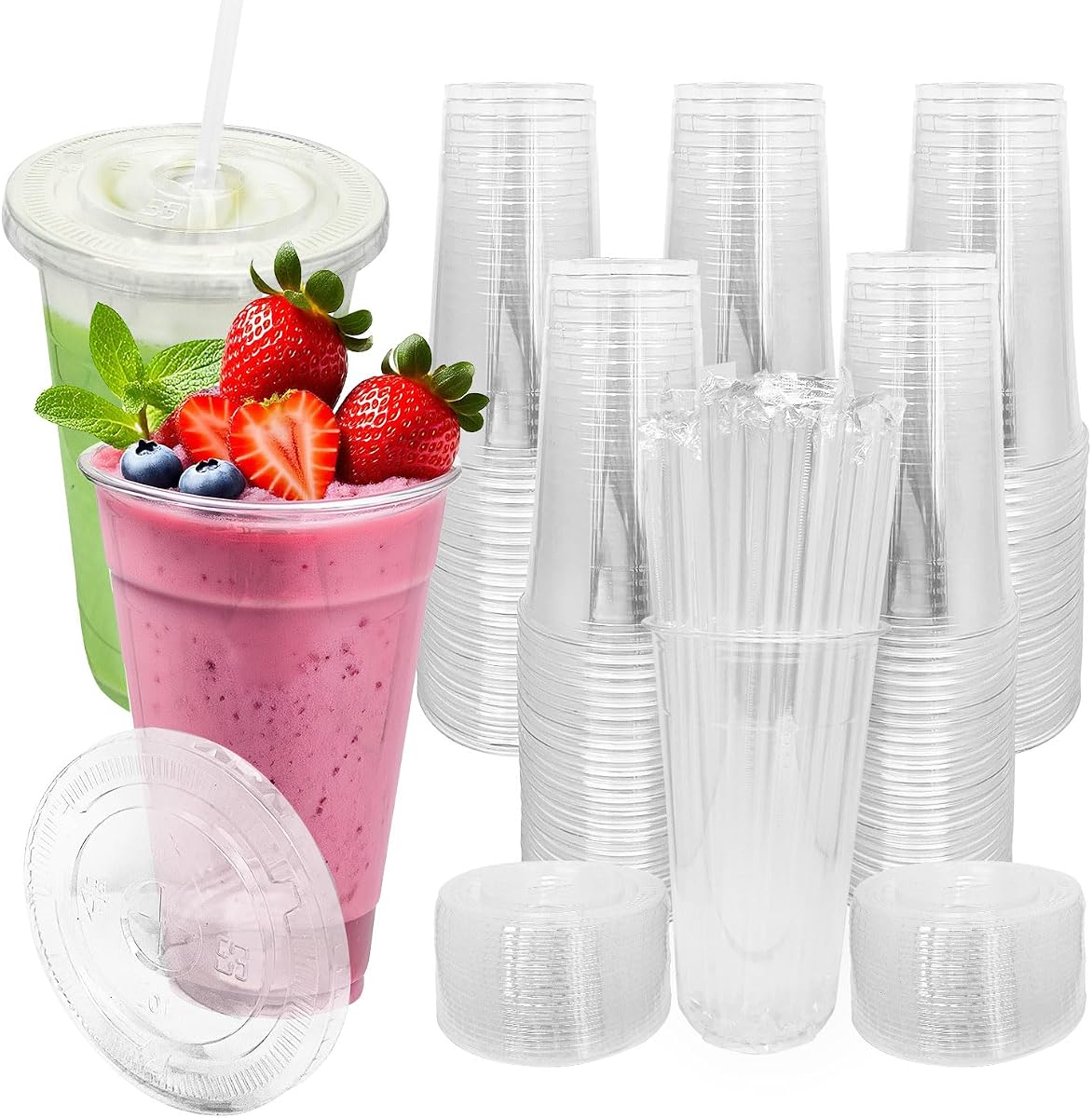 HELAOGUI [100 JUEGOS] Vasos con tapa de 32 oz, Vasos de plástico con tapa y pajitas, taza de café helado, adecuados para bebidas frías de café helado para llevar, batidos, jugos, parfaits, frappuccinos y batidos.