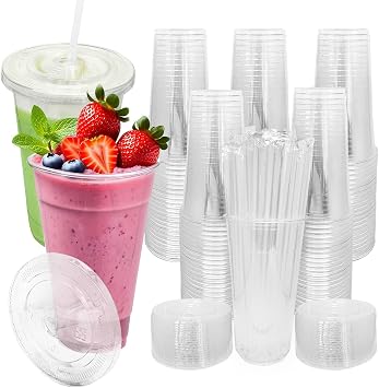 HELAOGUI [100 SETS] 32 oz Cups with lids, Plastic cups with lids and straws, iced coffee cup, suitable for takeout iced coffee cold drinks, smoothies, juices, parfaits, Frappuccinos, and milkshakes.