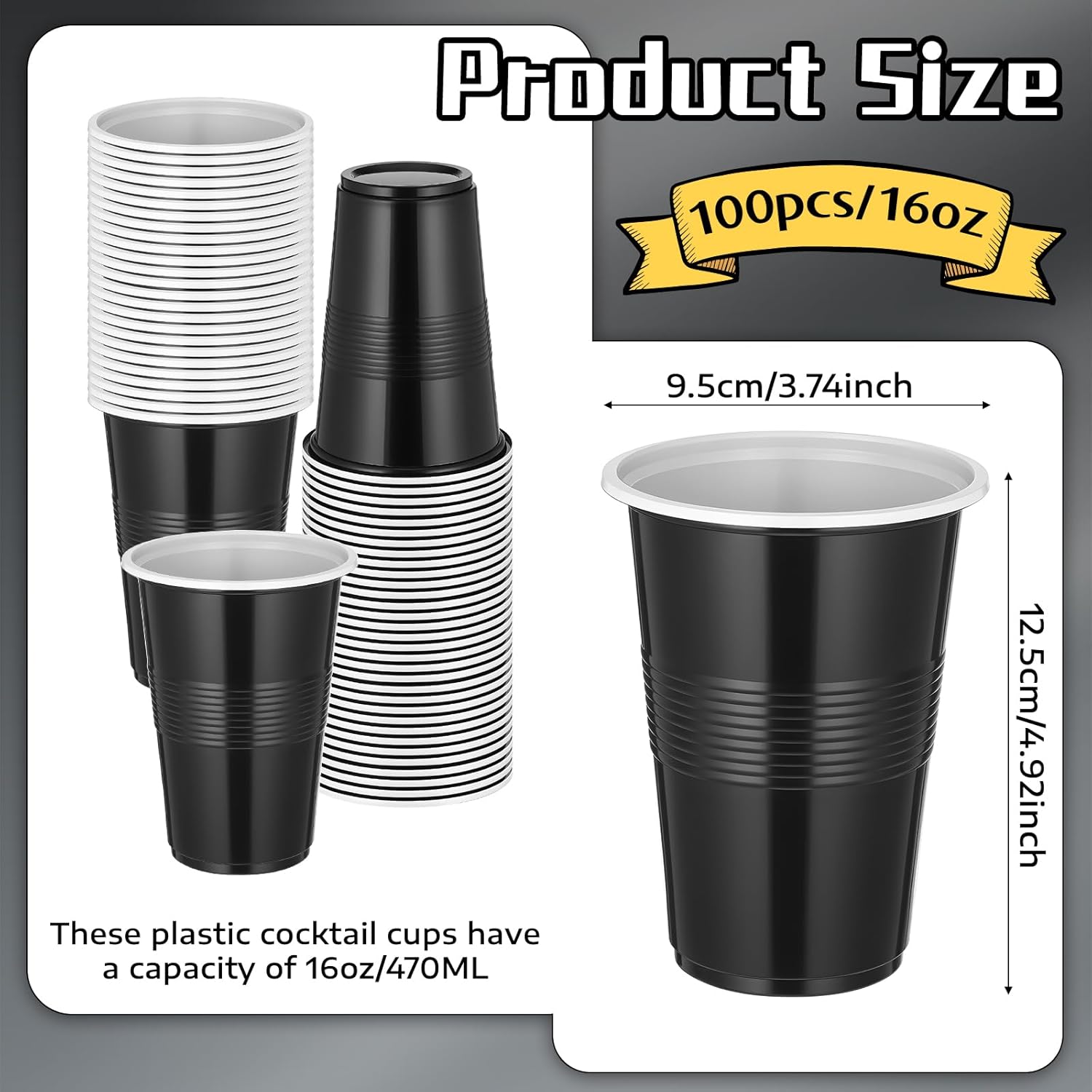 100 Pack 16 oz Plastic Cups, Disposable Heavy Duty Black Cup for Party Graduation Cups Halloween Cup for Wedding Birthday Beer Taste Serving Snack Tastings Barbecues Picnic Party Supplies - Image 2