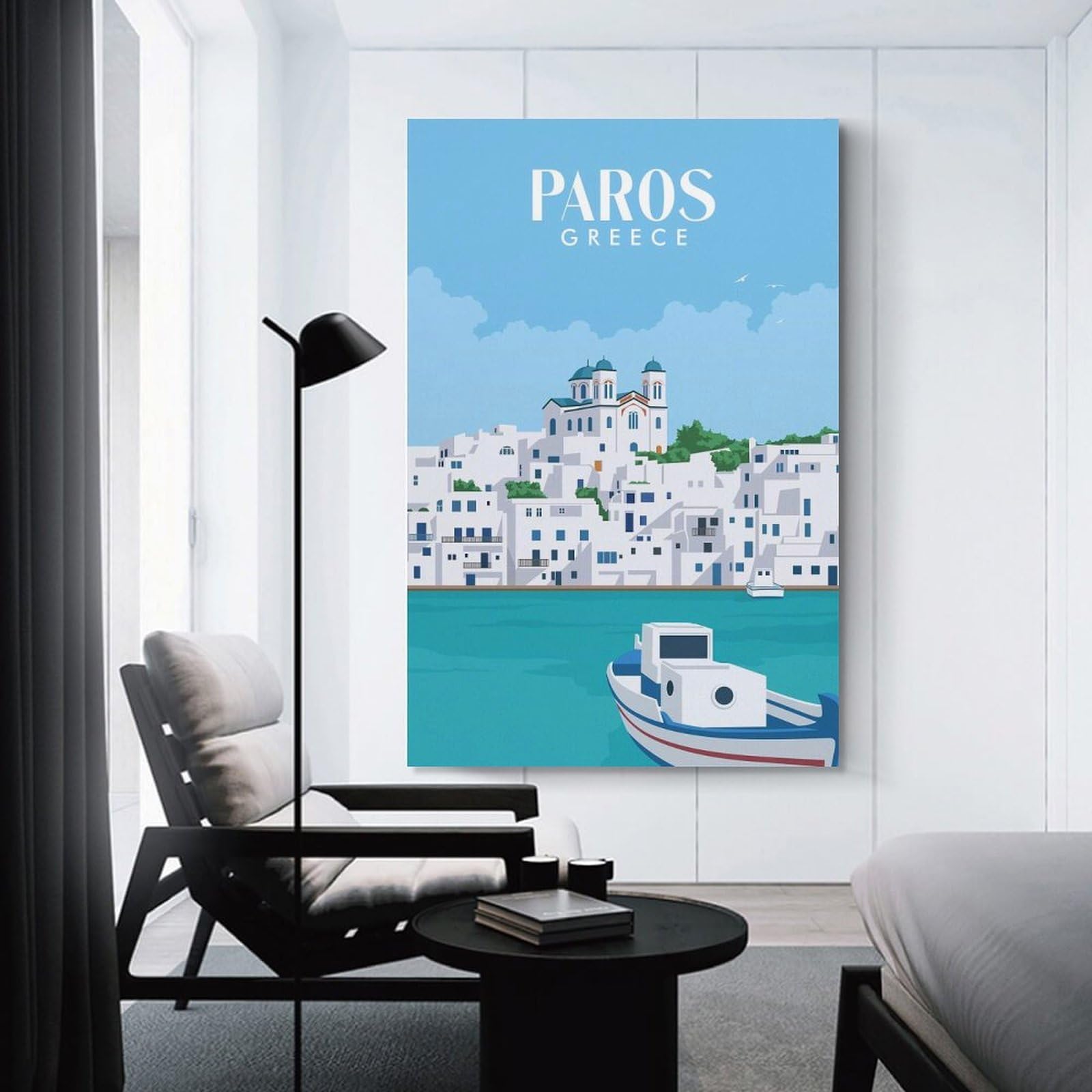 Junmoney Paros Greece And The City Wall Art Print, 12x18inch(30x45cm), for Entryway, Lounge Links Or Small Walls, Decorative Wall Art for Narrow Spaces