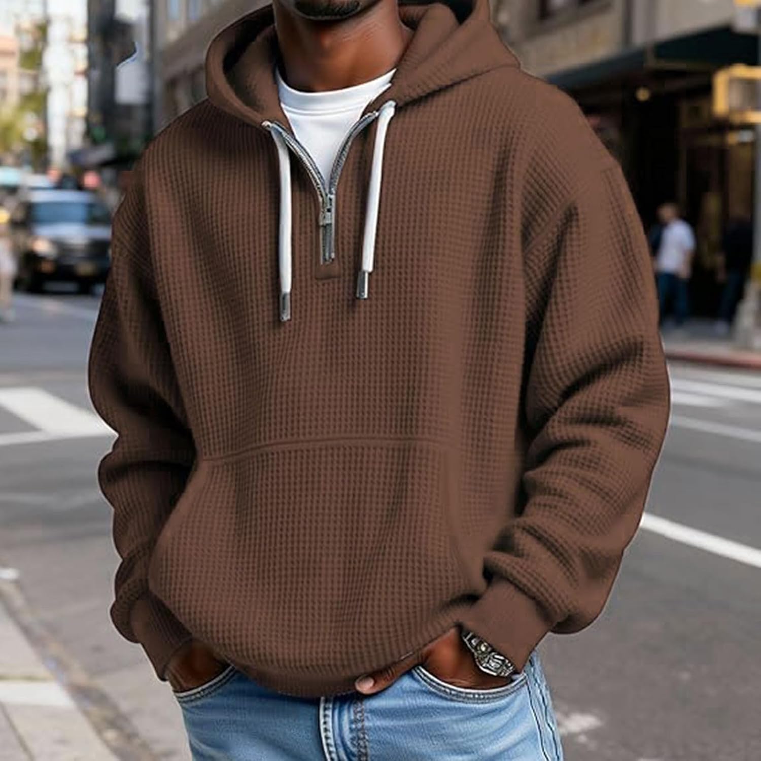 Men's Waffle Knit Hoodie Half Zip Kangaroo Pocket Casual | Waffle Knit Texture With Half Zip Hood, Drawstring Detail, And Kangaroo Pocket For Casual Daily Layering
