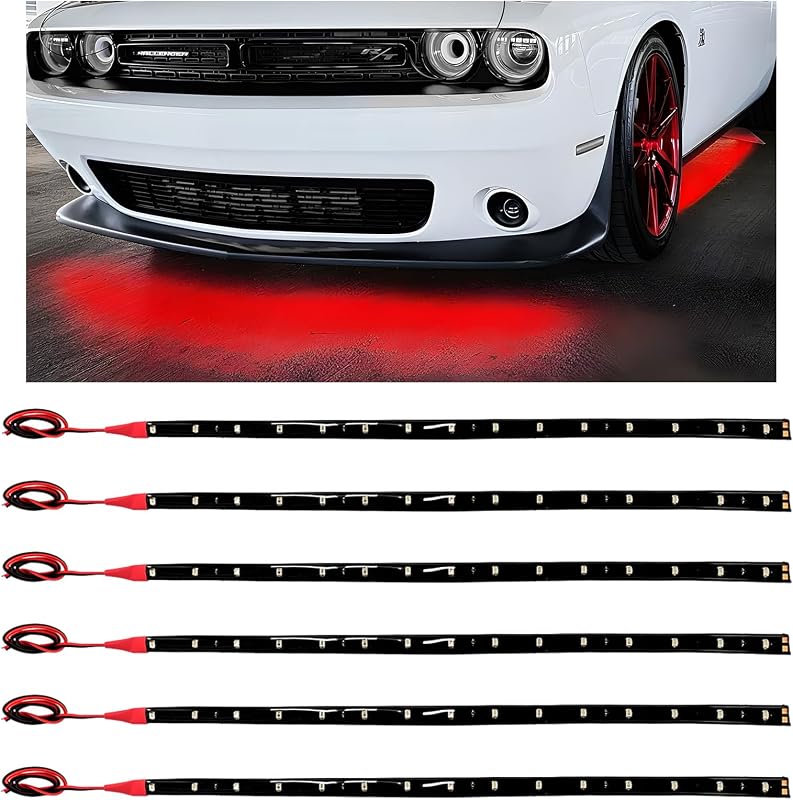 6PCS 15 LED Strip Underbody Light, 1Ft 12V Flexible Car LED Underglow Accent Light w/ 6 Inch Wire, Waterproof Under Body Lamp Strip Cuttable Decor for Cars Trucks Motorcycles (Red)