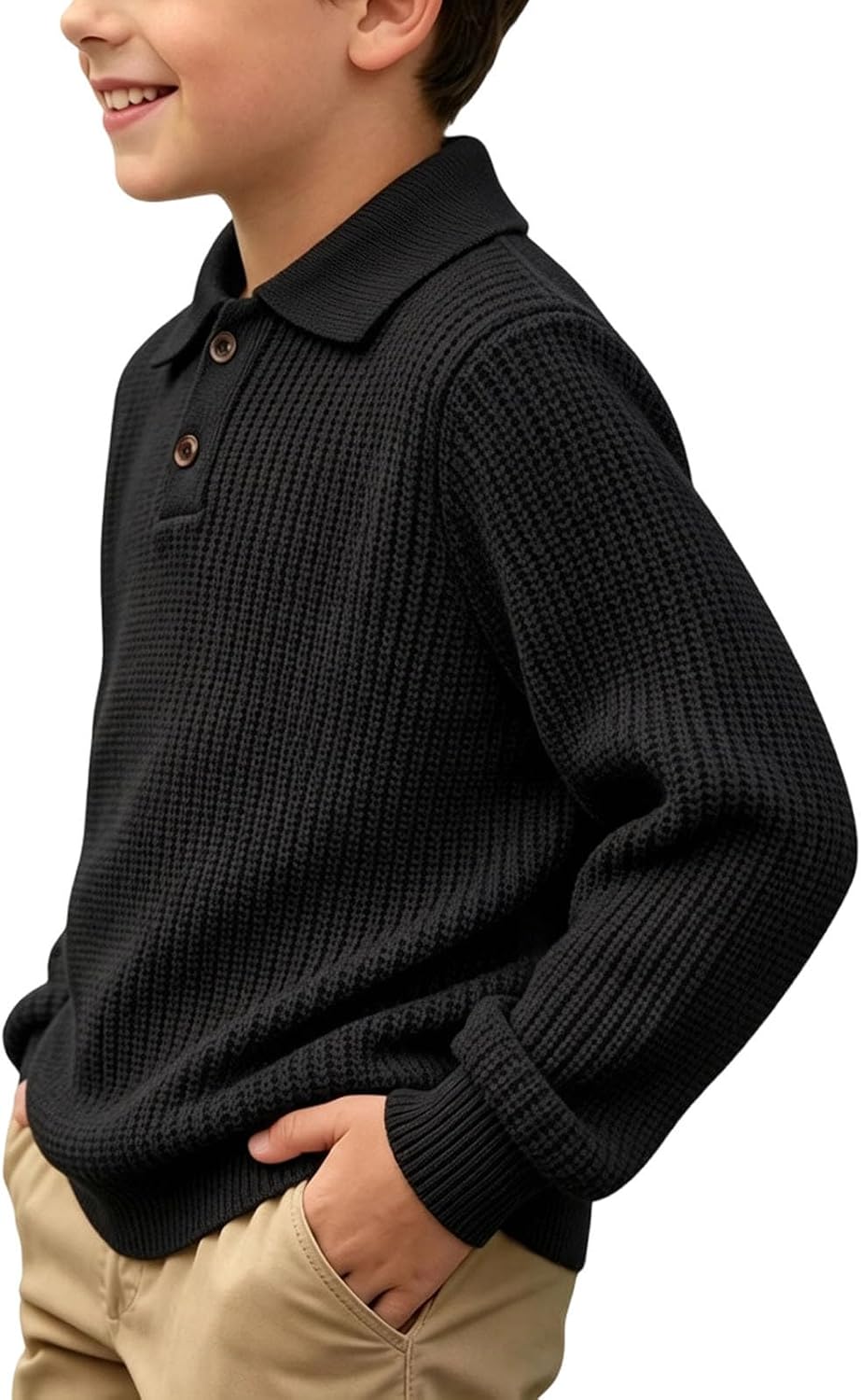 Kids Lapel Neck Knit Sweater Button Long Sleeve Pullover For Boys