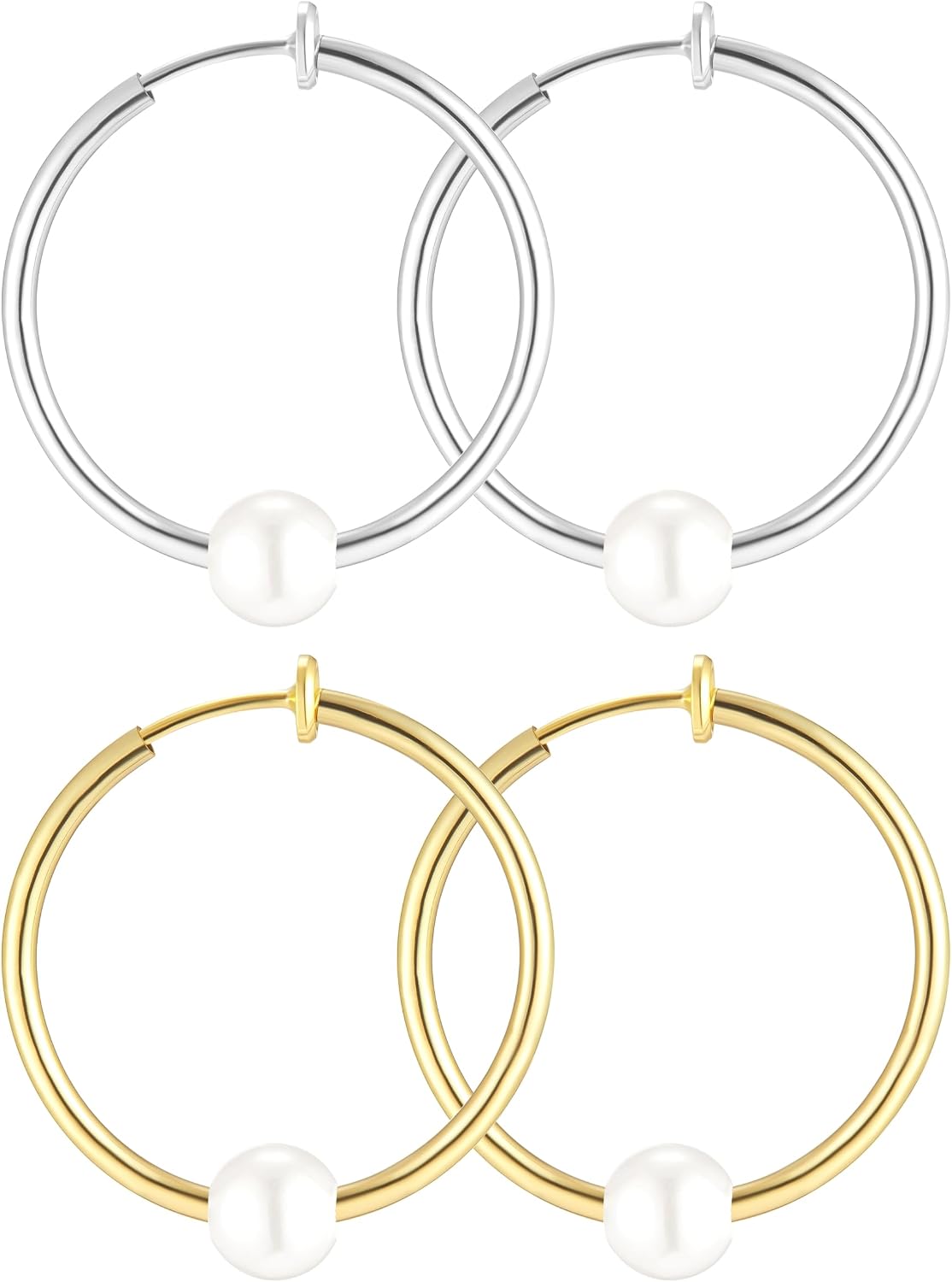 YOQUCOL 2 Pairs Clip On Hoop Earrings for Women Simulated Freshwater Pearl Non Pierced Ears Spring Hoops