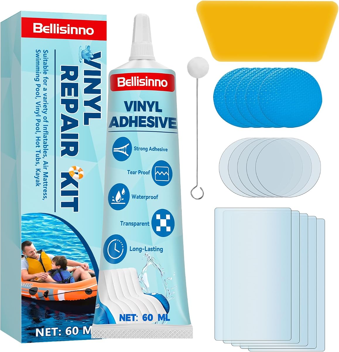Bellisinno Kit de parches para colchón de aire, pegamento de PVC impermeable, kit de reparación de parches inflables para anillo de natación, casa de rebote, jacuzzi, barco de PVC, tienda de campaña (60 ml)