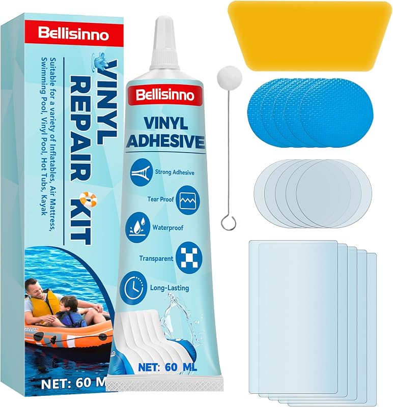 Bellisinno Kit de parches para colchón de aire, pegamento de PVC impermeable, kit de reparación de parches inflables para anillo de natación, casa de rebote, jacuzzi, barco de PVC, tienda de campaña (60 ml)