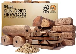 Elixir Gardens READY TO BURN Approved Firewood | Round Birch Briquettes | Premium, Recycled Compressed Wood Heat Fuel Logs for Stoves, Log Burners & Open Fires | 5 Pack x 1