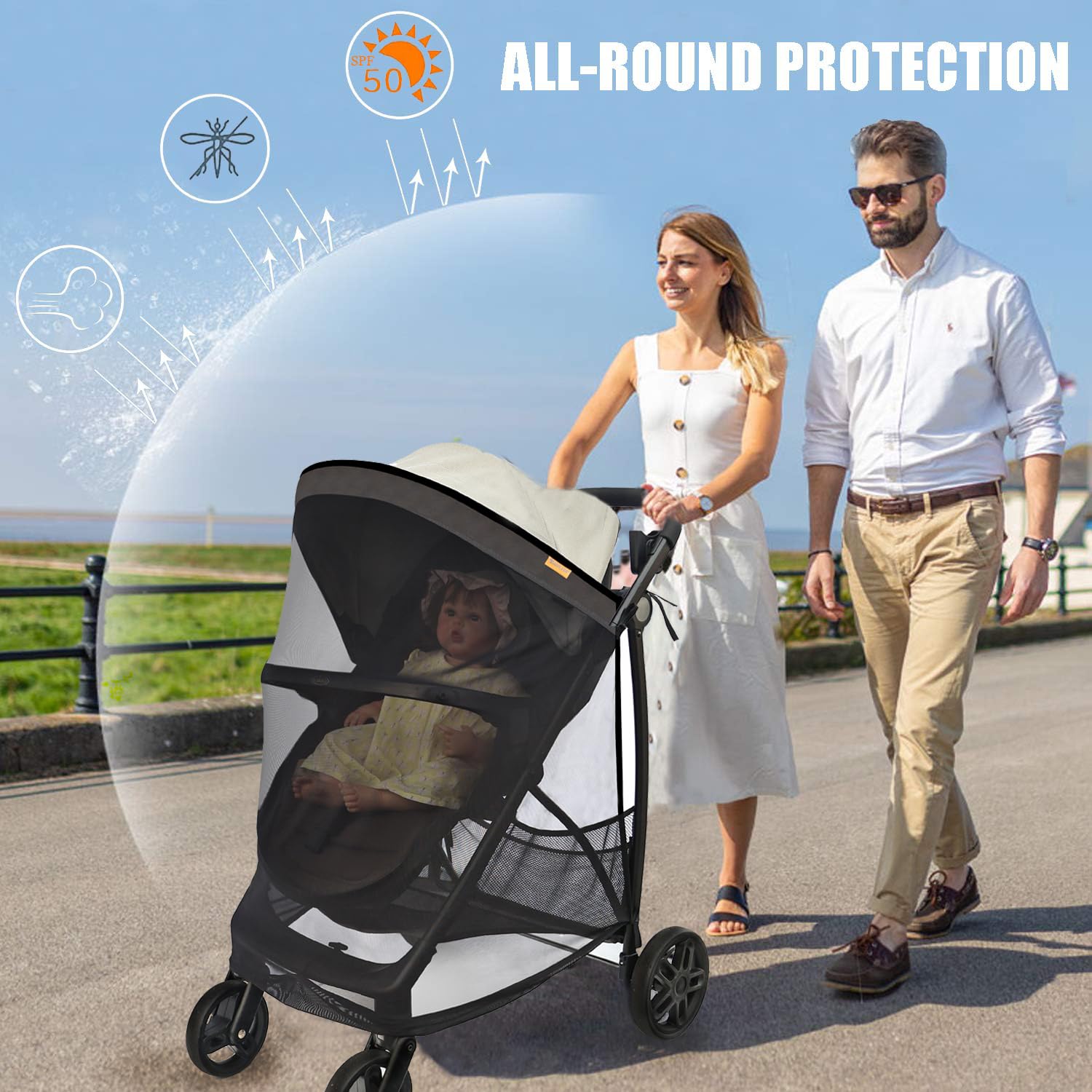 sun shade stroller protecting baby during outdoor walk