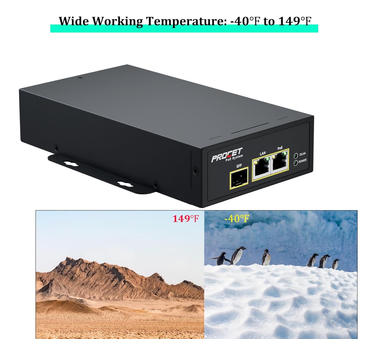 PROCET SFP Fiber PoE Injector PoE++ up to 95W Gigabit Uplink Support Power Over Ethernet, Wide Temp -40℉ to 149℉ for PTZ Webcam, Sisco Access Point, Small Cell, Smart Factory, Commercial Display TV