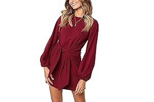 Beautiful Womens Long Lantern Sleeve Crewneck Tie Waist Knit Cocktail Dress
