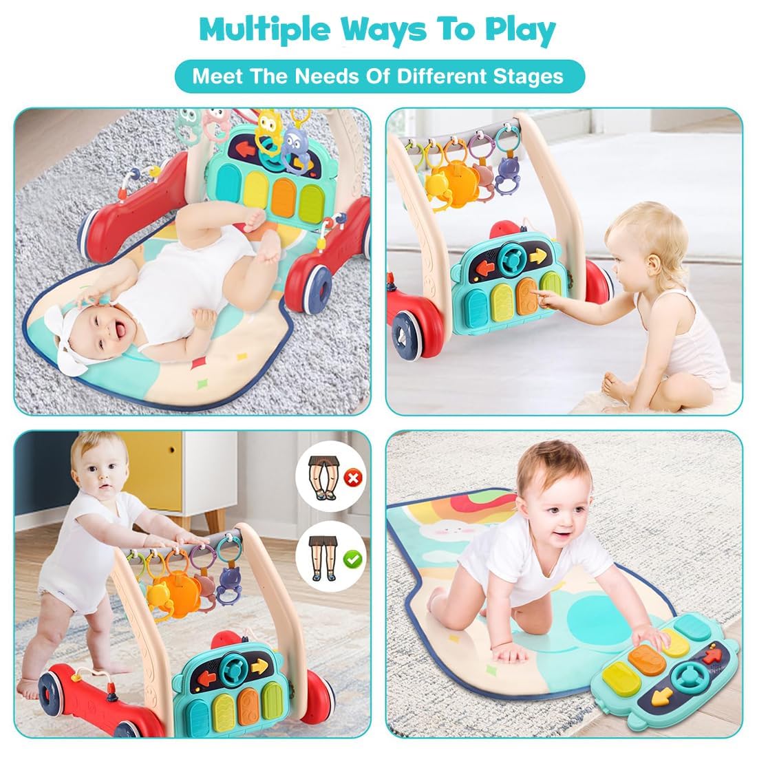 TOYIQ 5-in-1 Baby Piano Gym Mat – Infant Music Fitness Rack & Rattle Toy Set – Early Learning Play & Crawling Mat with Hanging Toys – Educational Activity Center for Babies (Multicolor, Blue) (2-in-1Gym & Push Walker) 4
