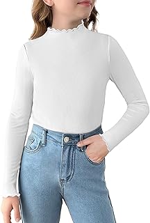 Camisa De Manga Larga para Niña Suéter De Cuello Alto Camisa De Punto con Volantes Blusas Lisas Camisetas Básicas para Niños Camiseta Interior Ajustada 5-12 Años