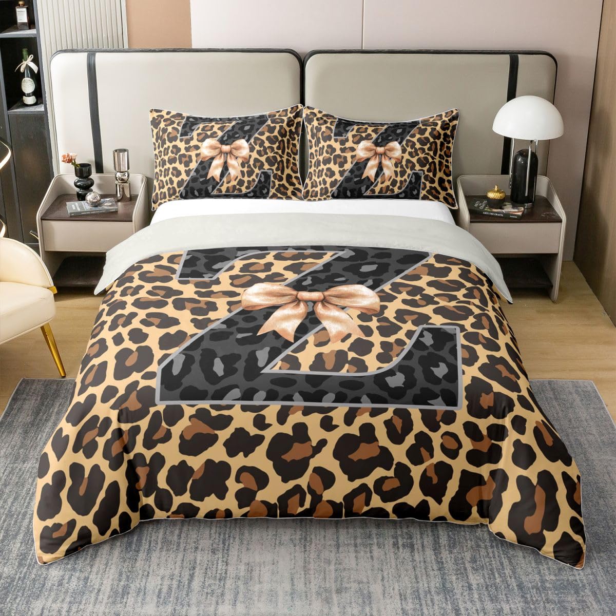 Housse de couette 220x240 coton lettre Z alphabet pour lit enfant imprimé guépard gris marron