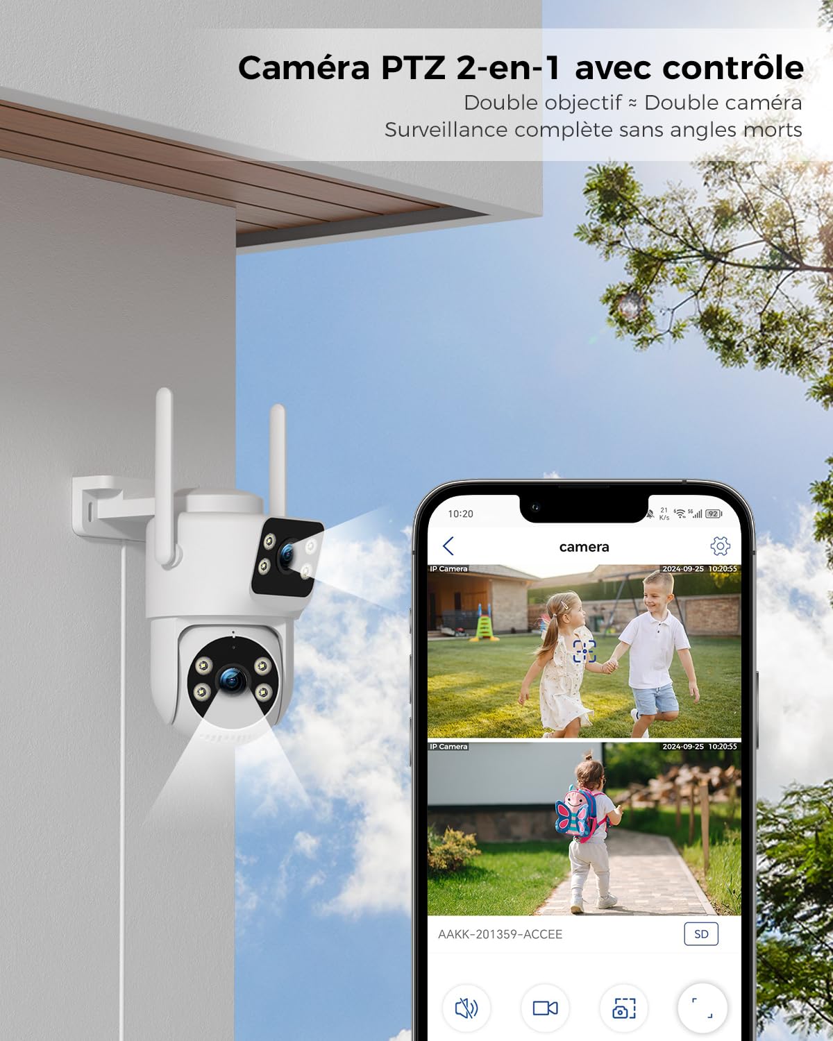 Ctronics Caméra Surveillance WiFi Extérieure à Double Objectif, PTZ Caméra 2.4/5Ghz NVR, Suivi Automatique, Vision Nocturne Couleur 30M & Enregistrement 24/7, Compatible PC/Tablette/Téléphone, IP66