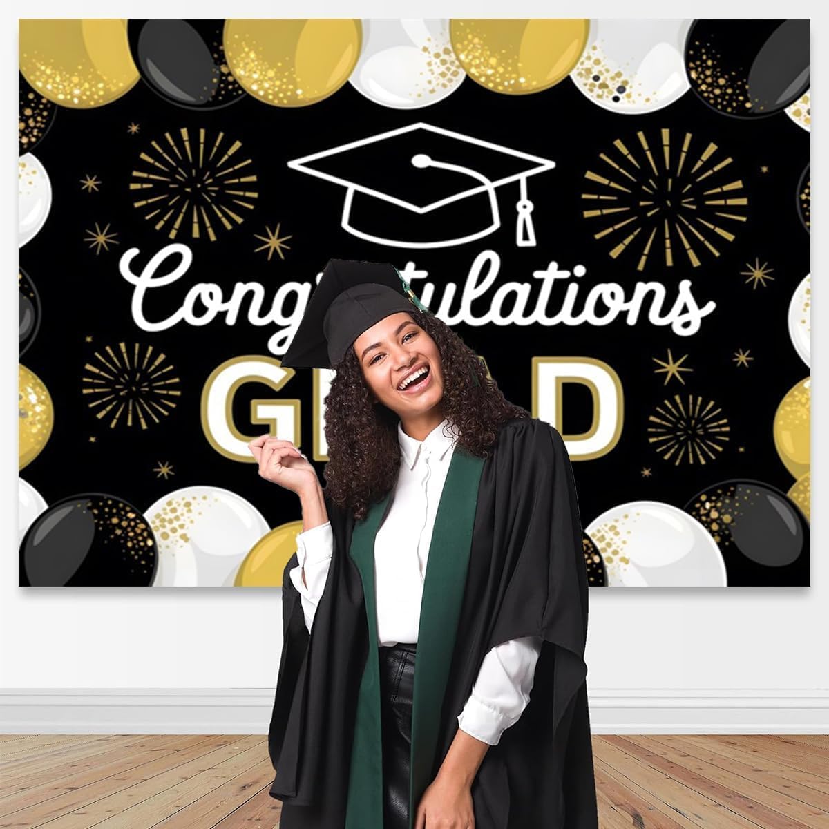 10x10ft Class of 2026 Graduation Backdrop Black and Gold Congrats Grad Backdrop Backdrops for Photography Congratulations Graduates Background College Prom Decorations for Party Photo Booth Props