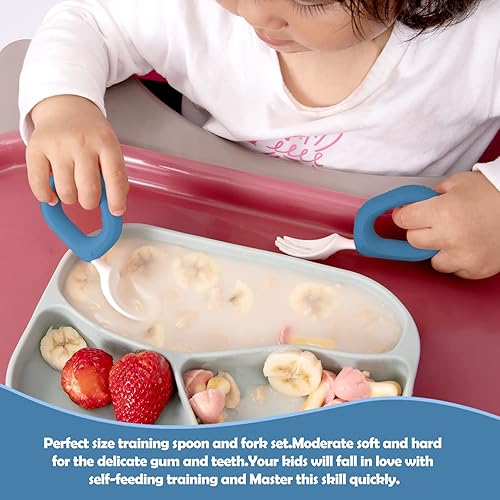 Miniatura 5 de HIWOOD Juego de cuchara y tenedor de entrenamiento para bebés con estuche de viaje, sin BPA, lindo círculo de utensilios de entrenamiento para niños