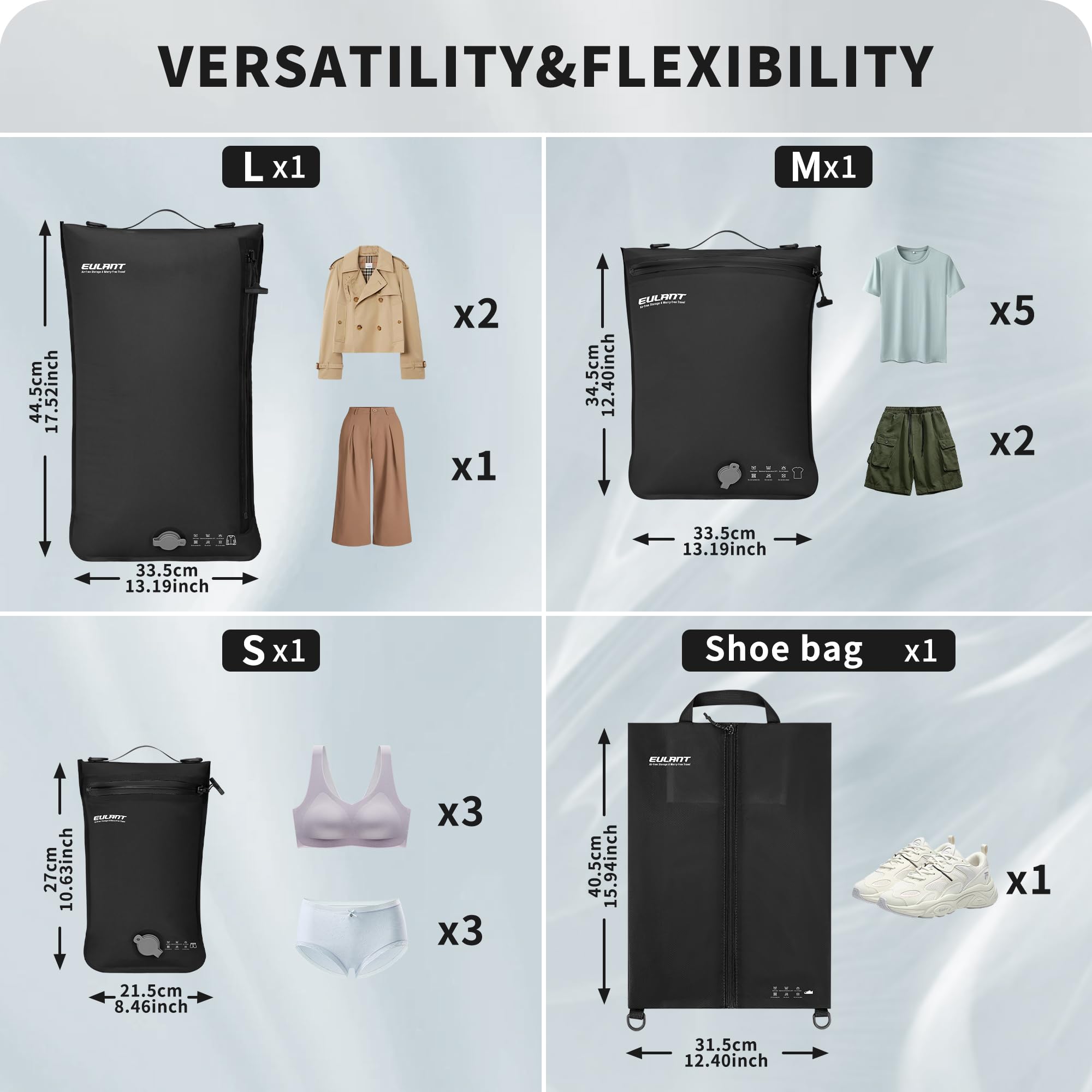 EULANT Kompresyjne kostki do pakowania, zestaw 4 sztuk do walizki, 3 sztuki, wodoszczelne worki próżniowe + 1 torba na buty, organizer do bagażu podręcznego, hermetyczny zamek błyskawiczny IPX8