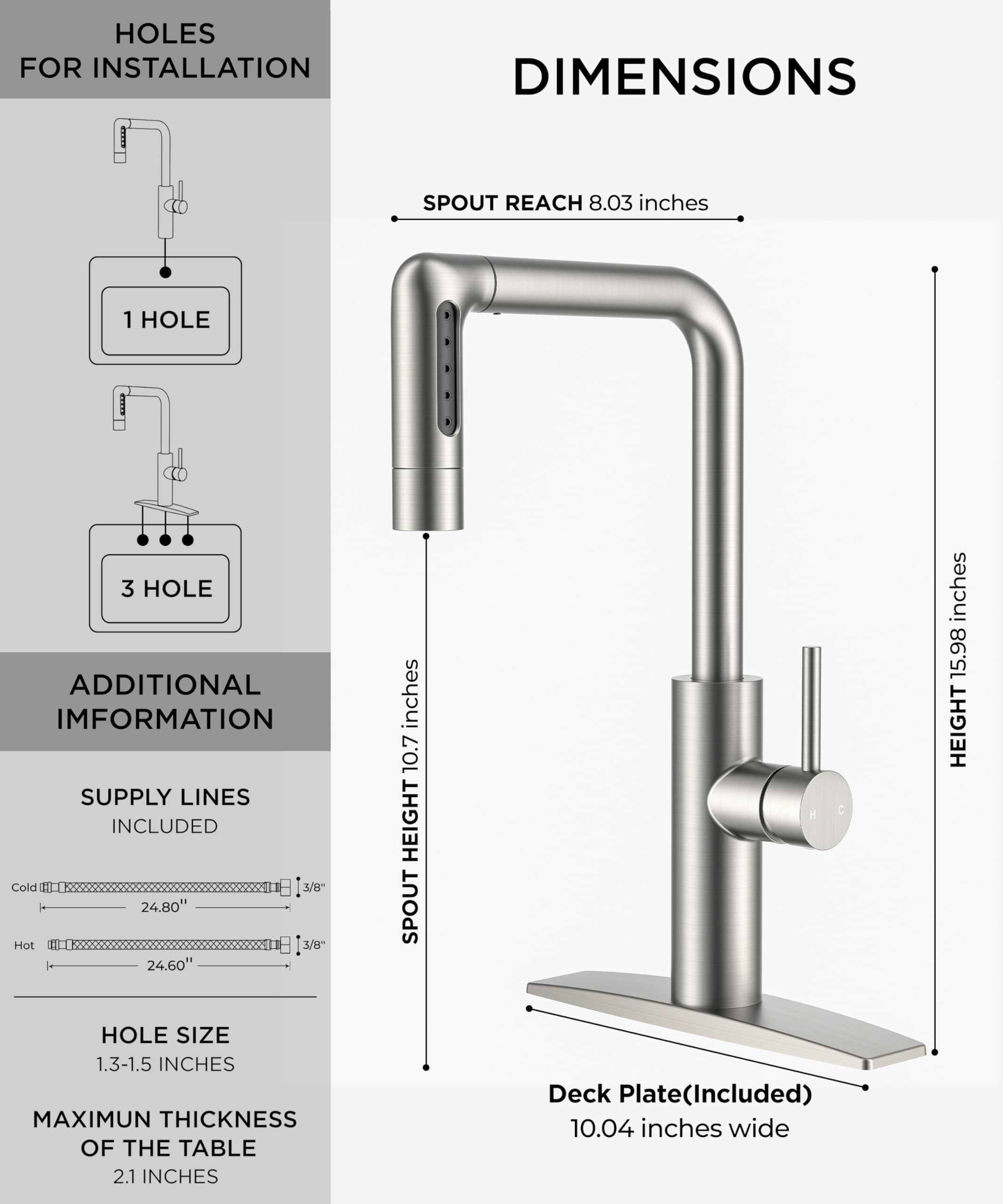 Grifo de Cocina con rociador desplegable + 5 Modos de caño, Grifo de Cocina en Cascada, níquel Cepillado