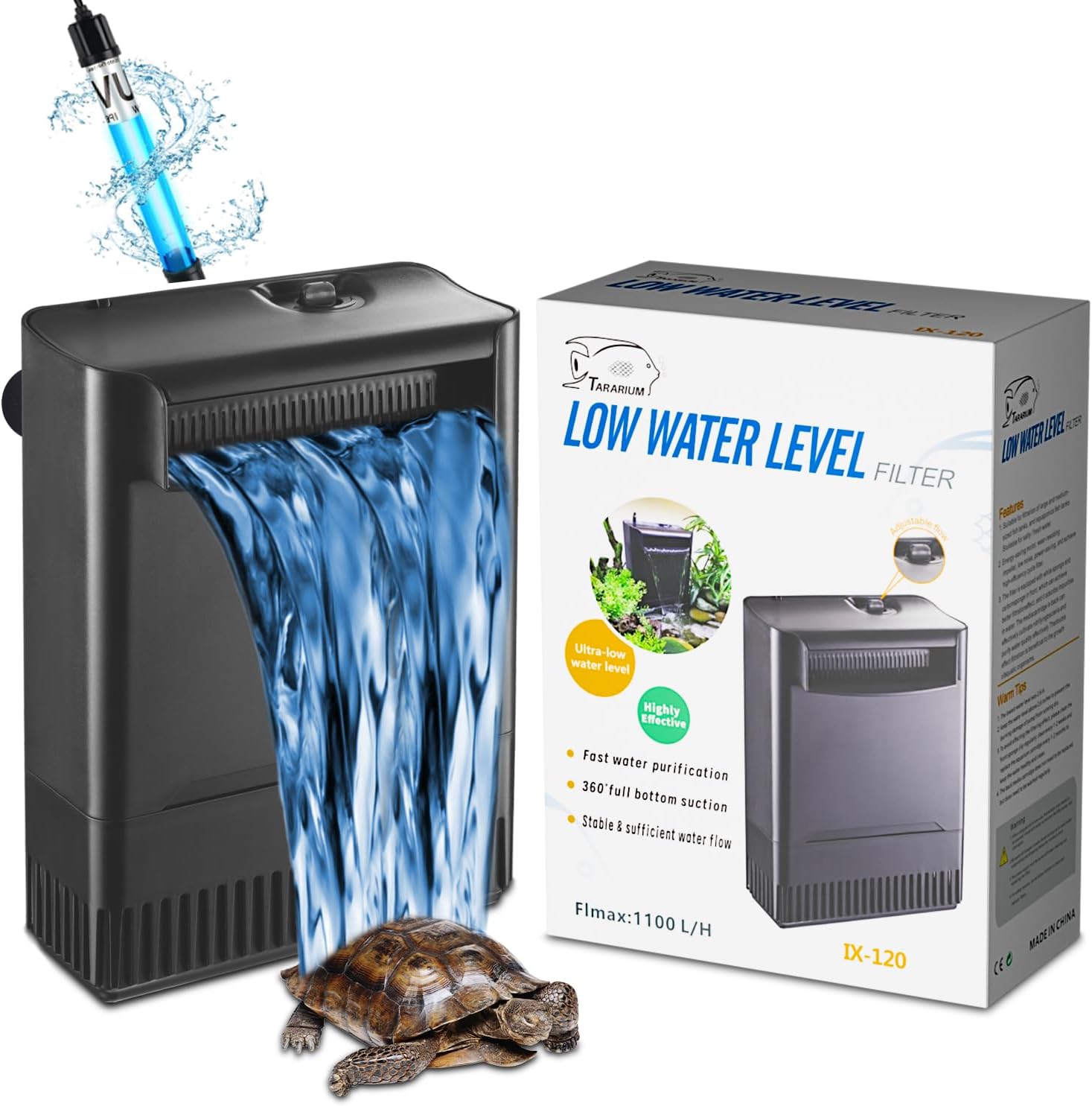 Turtle Tank Filter Aquarium Filter w/ Detachable U-V Light Power Adjustable 30-75 Gal. Large Internal Filter 4-Stage Waterfall Bio-Filtration Low Water Level for Freshwater Saltwater Fish Tank