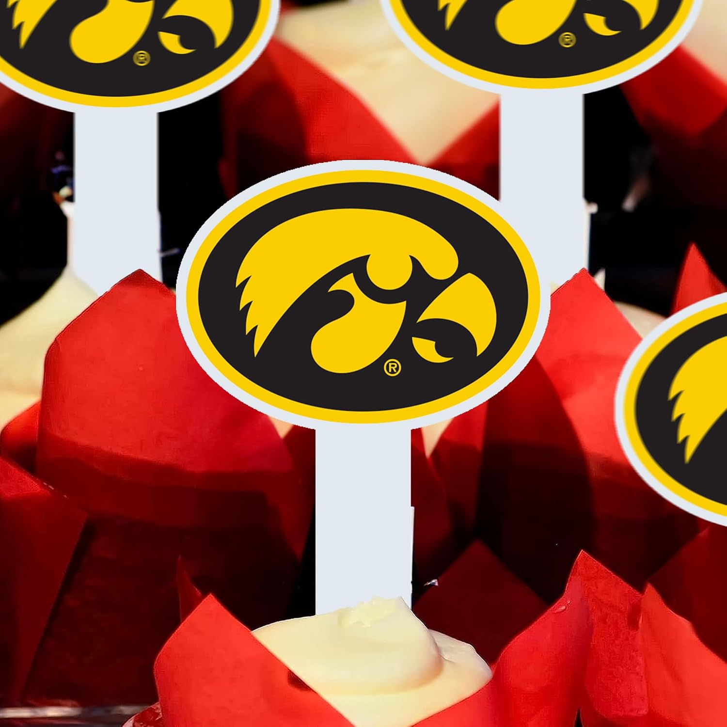 University of Iowa Cupcake Toppers Set of 25, Officially Licensed Iowa Hawkeyes, Solid Plastic (Oval Tigerhawk)