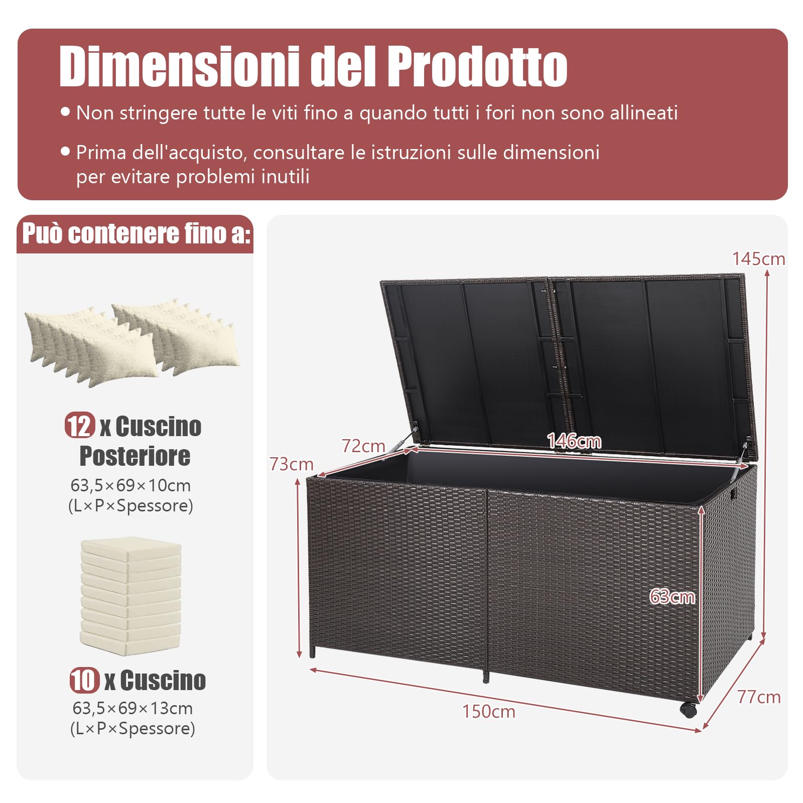 GYMAX Cassapanca per Terrazze da 662 L, Contenitore con Coperchio per Esterni in Vimini Misto, Baule da Giardino con Cerniera, 2 Ruote e Asta Pneumatica, 150 x 77 x 73 cm