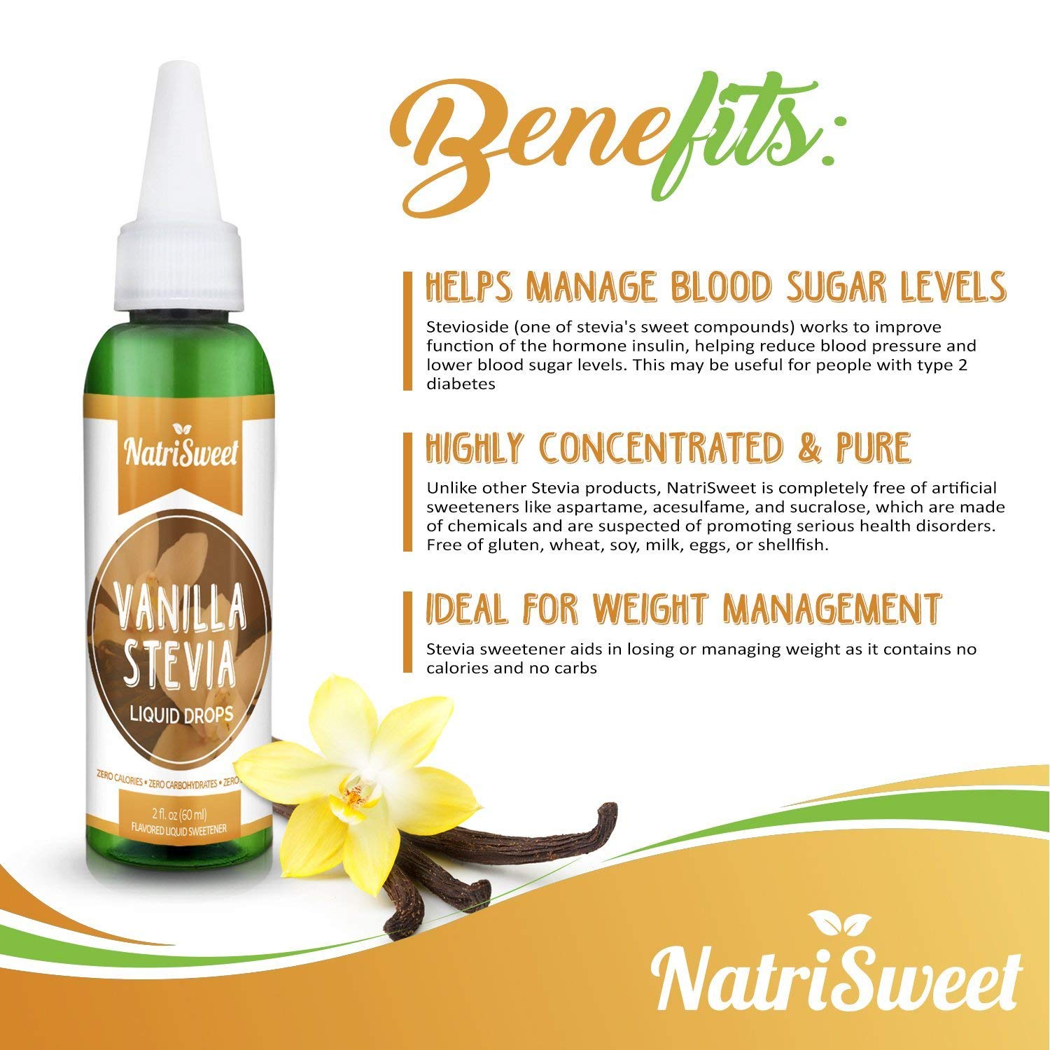 NatriSweet Vanilla Stevia Liquid Drops (2 fl oz / 60 Milliliter), Zero-Calorie Natural Sugar Substitute, Highly Concentrated Stevia Extract, Naturally Sweet (1-Pack)