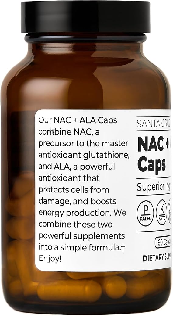 Santa Cruz Paleo, NAC + ALA Caps, NAC Supplement and Antioxidant Complex with Alpha Lipoic Acid and N-Acetyl Cysteine, Cellular Support and Nutrient Balance, Gluten Free, Keto, Paleo, 60 Capsules