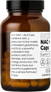 Santa Cruz Paleo, NAC + ALA Caps, NAC Supplement and Antioxidant Complex with Alpha Lipoic Acid and N-Acetyl Cysteine, Cellular Support and Nutrient Balance, Gluten Free, Keto, Paleo, 60 Capsules
