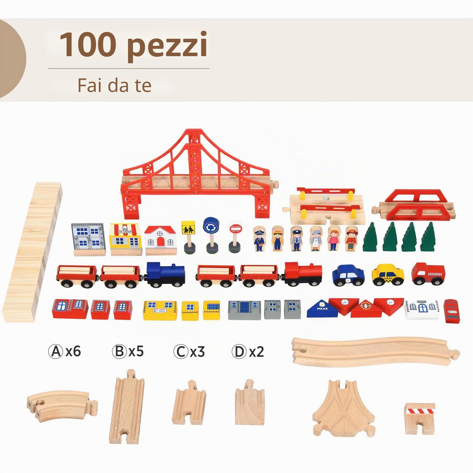 LIFEZEAL Tavolo da gioco ferrovia legno, set 100 pezzi, cassetto portaoggetti mobile, multifunzione 3 anni, costruire