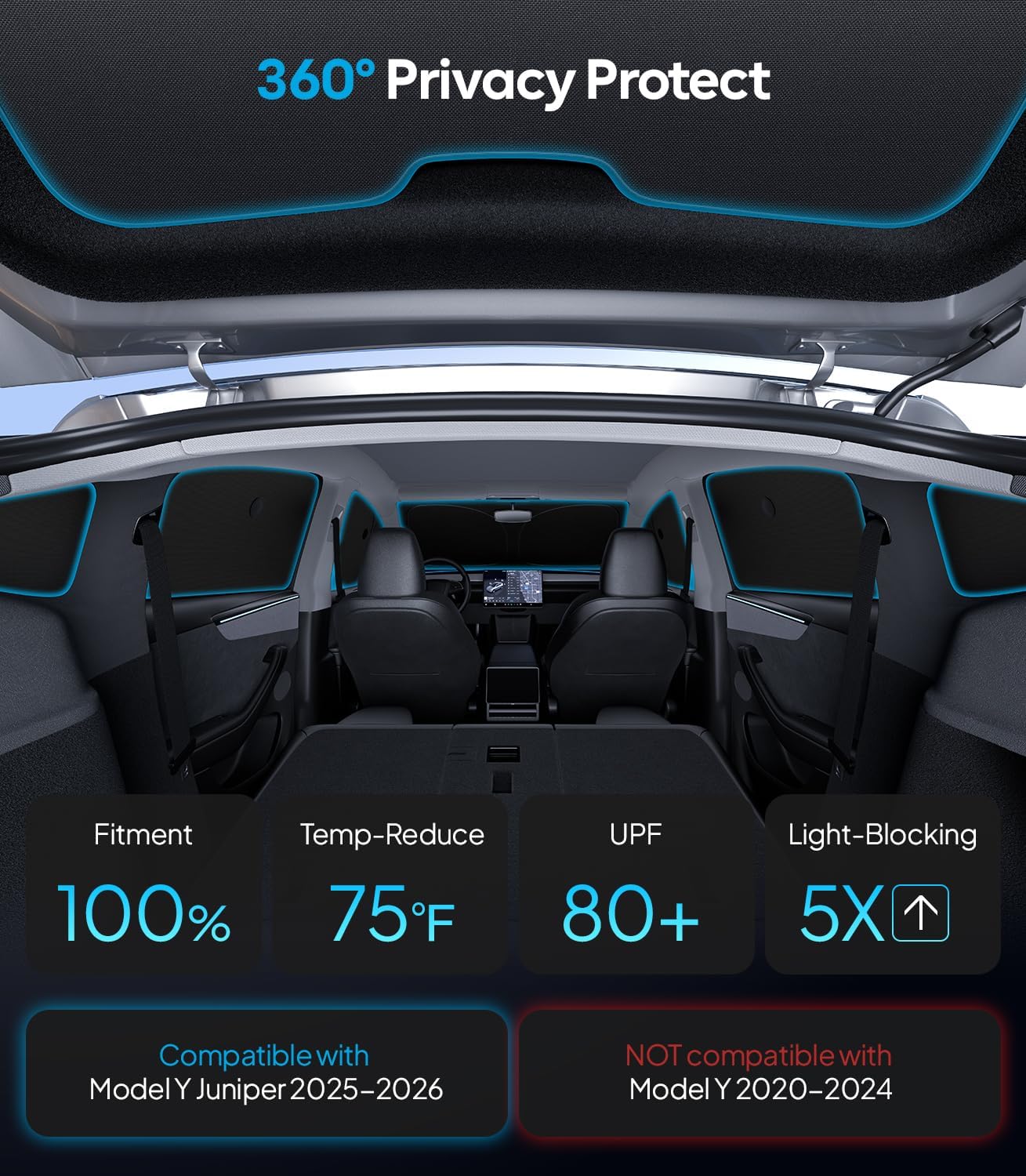 Wigoo 2026 Upgrade 8PCS Full Set Window Sunshade for Tesla Model Y Juniper 2025-2026 [7-Layer Cooler & Blacker, Ice-Crystal Tech] with Windshield for Sun Block, Baby, Camping, Privacy Napping, Relax