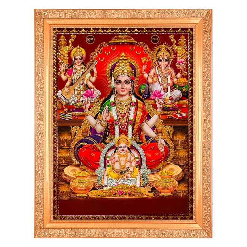 Photo Lakshmi Saraswati Ganesh Kuber grand format 35x45 cm avec cadre doré effet cristal