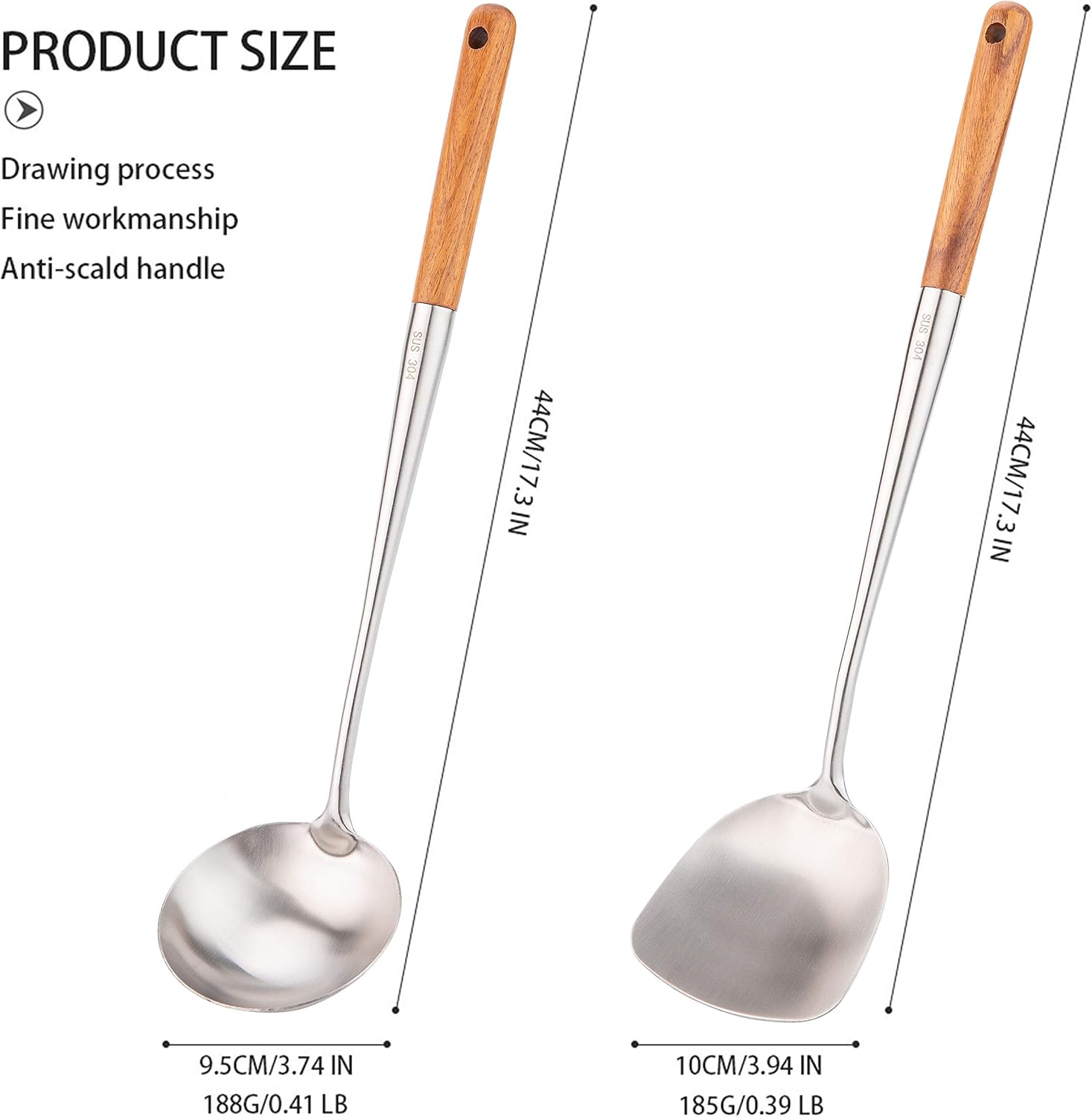 Wok Spatula Ladle Tool Set, 17 inches Long Handle Stainless Steel Wok Spatula & Soup Spoon