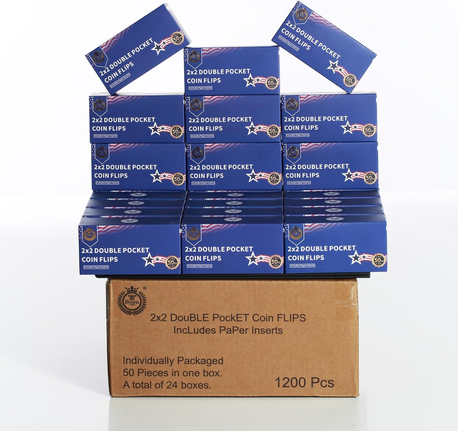 Boen 1200 Pieces 2x2 Double Pocket Coin Sleeves with Inserts