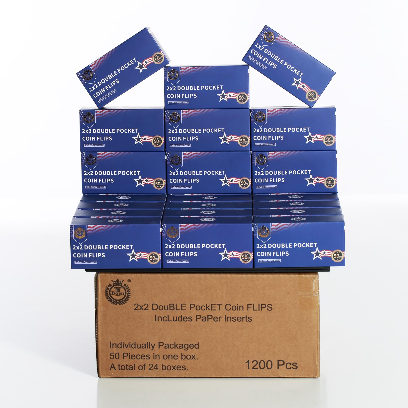 Boen 1200 Pieces 2x2 Double Pocket Coin Flip Clear Safe Long Term Storage Coin Sleeves Coin Collection Holder with Inserts