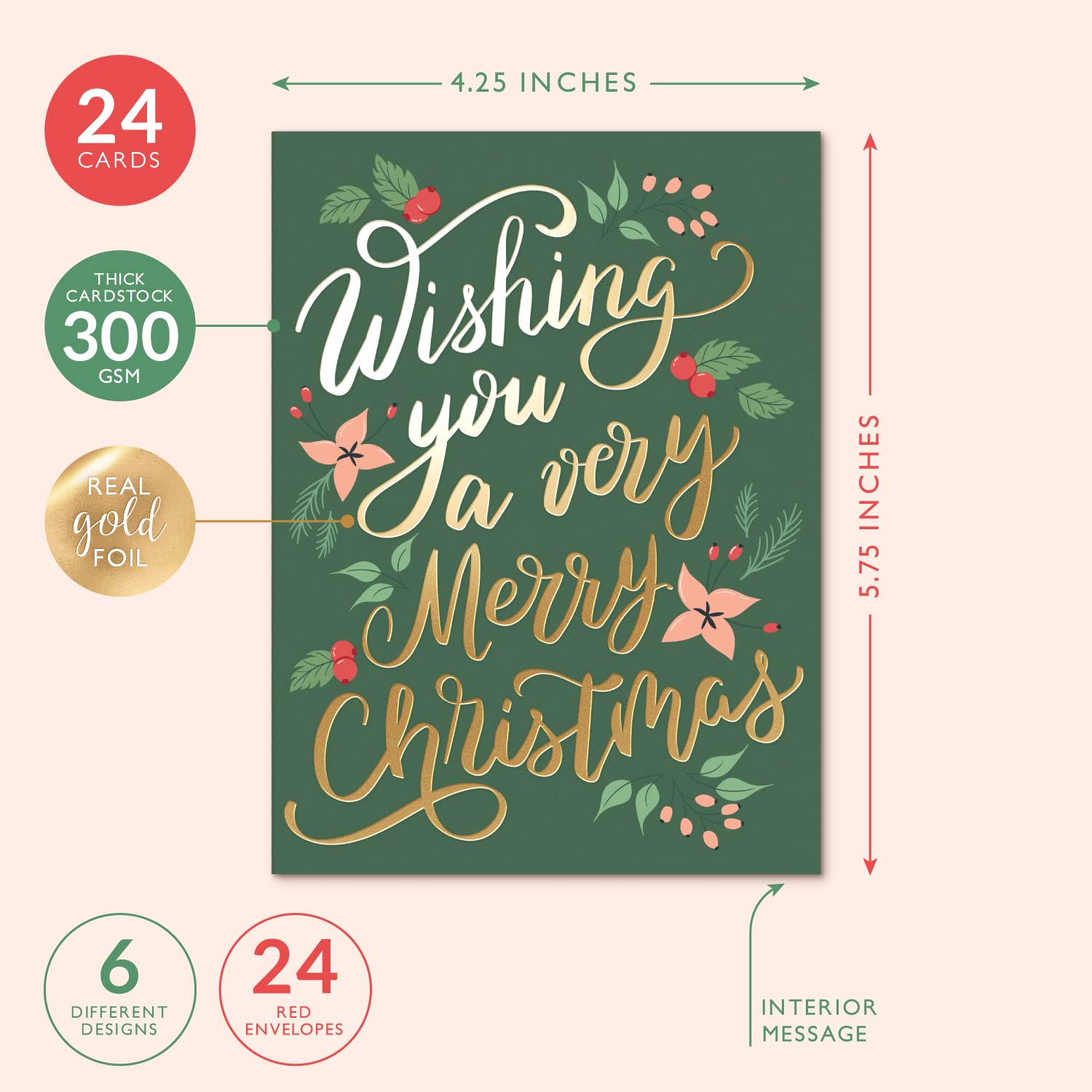Sweetzer & Orange Text-Weihnachtskarten - 6 typografische Designs mit Gold à 4 Stück - 24 Weihnachtspostkarten mit rotem Umschlag - Außen glänzend, innen matt, 300 g/m² - 10,8 x 14,6 cm