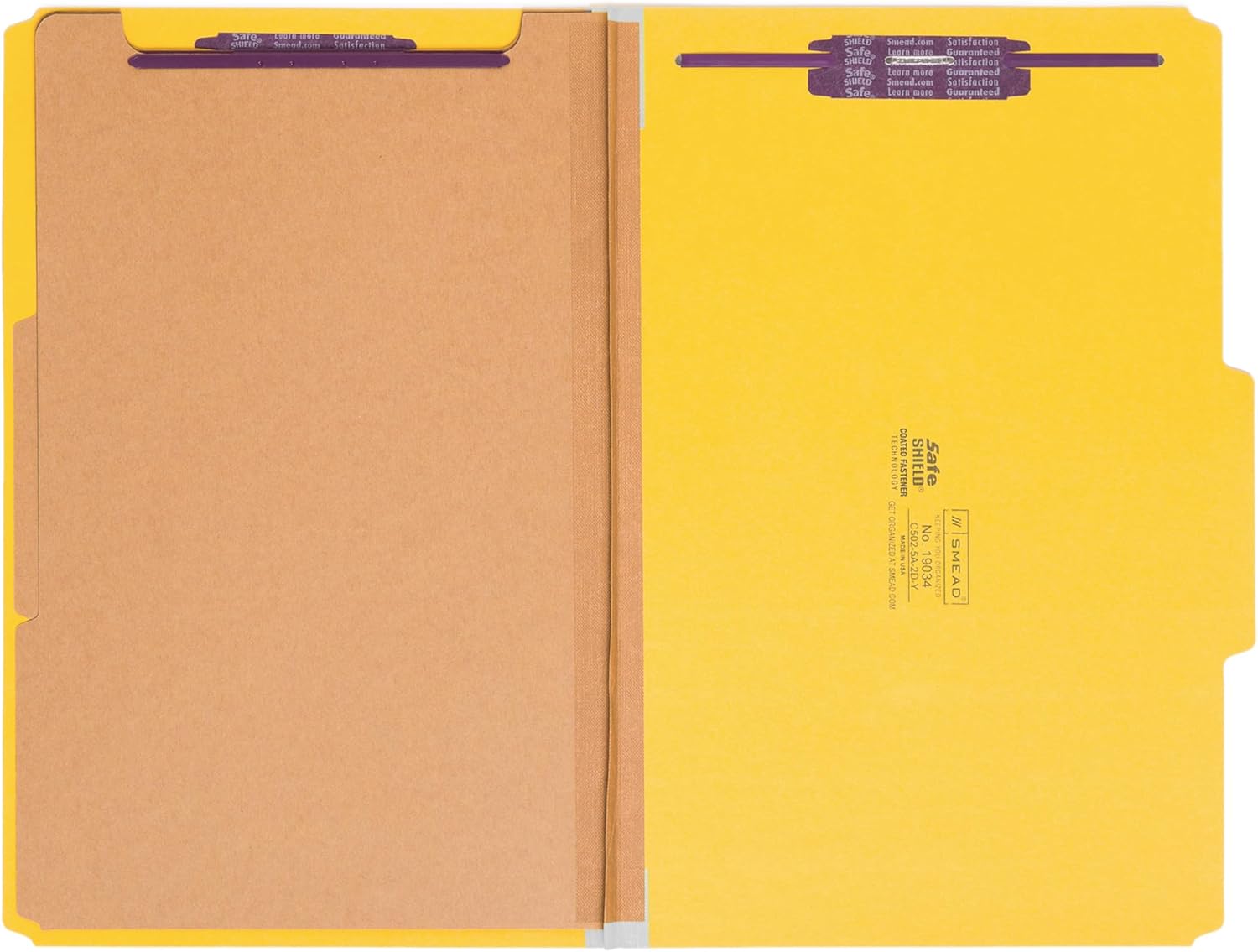 Smead Pressboard Legal Size File Folders with SafeSHIELD Fasteners, 2 Dividers, 2" Expansion, Office Folders, Paper Holder, Yellow, 10 per Box (19034)