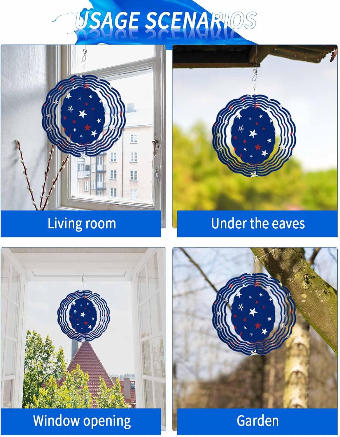 Independence Day Patriotic Star Wind Spinner for Garden Yard 3D Stainless Steel Hanging Wind Spinners, Red White Pentagram on Blue Spinners Outdoor Metal Decor for Lawn Patio Home