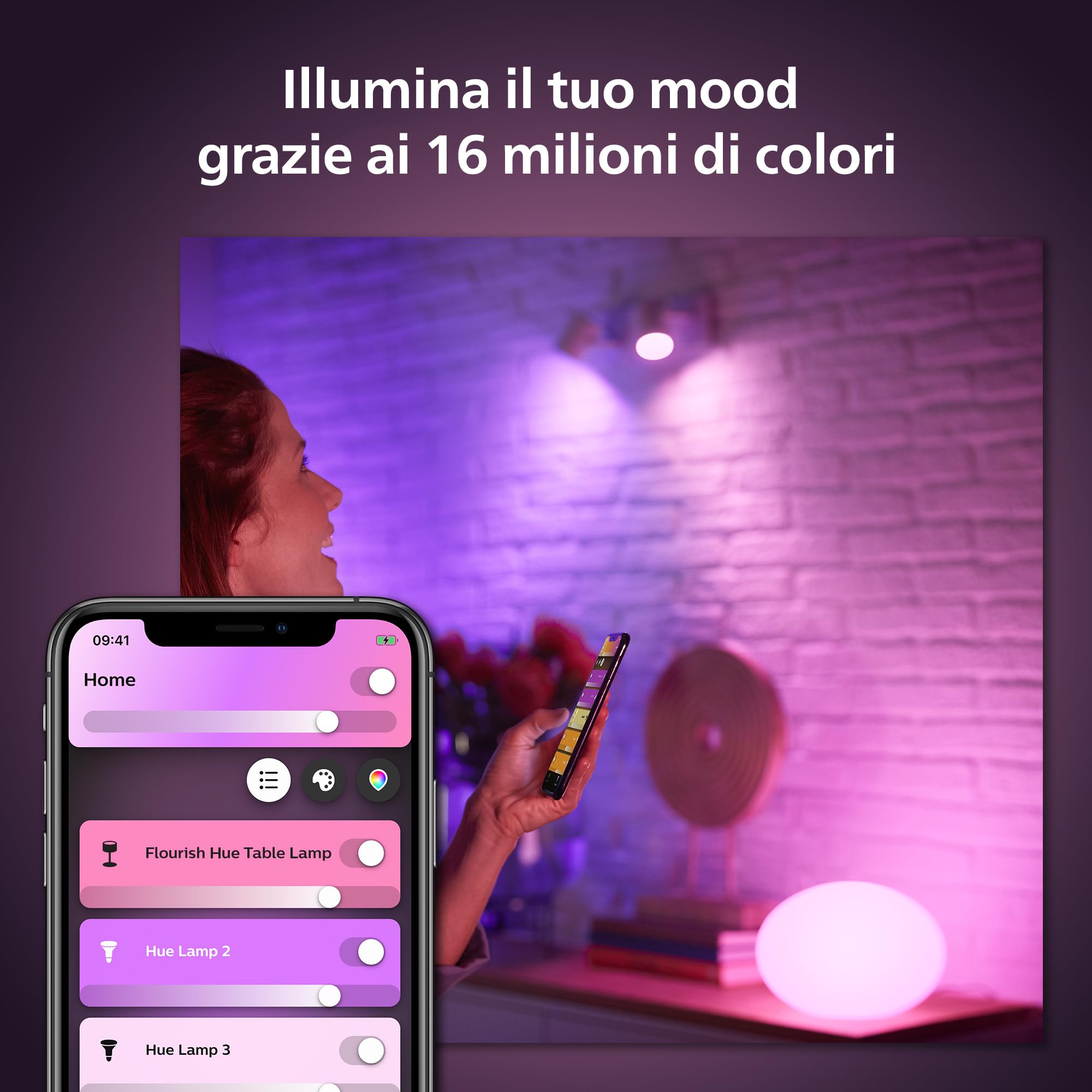 Philips Hue White and Color Ambiance Flourish, Lampada da Tavolo Smart, Bluetooh, 9.5 W, Bianco