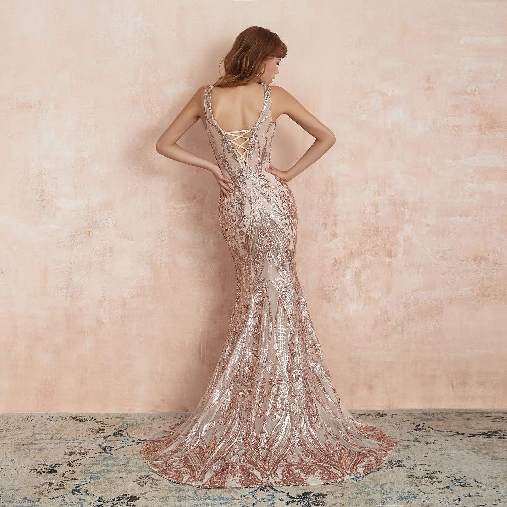 Engerla Mermaid V Neck Evening Dresses Sequind Prom Dresses Women's Party Dress Celebrity Pageant Gowns