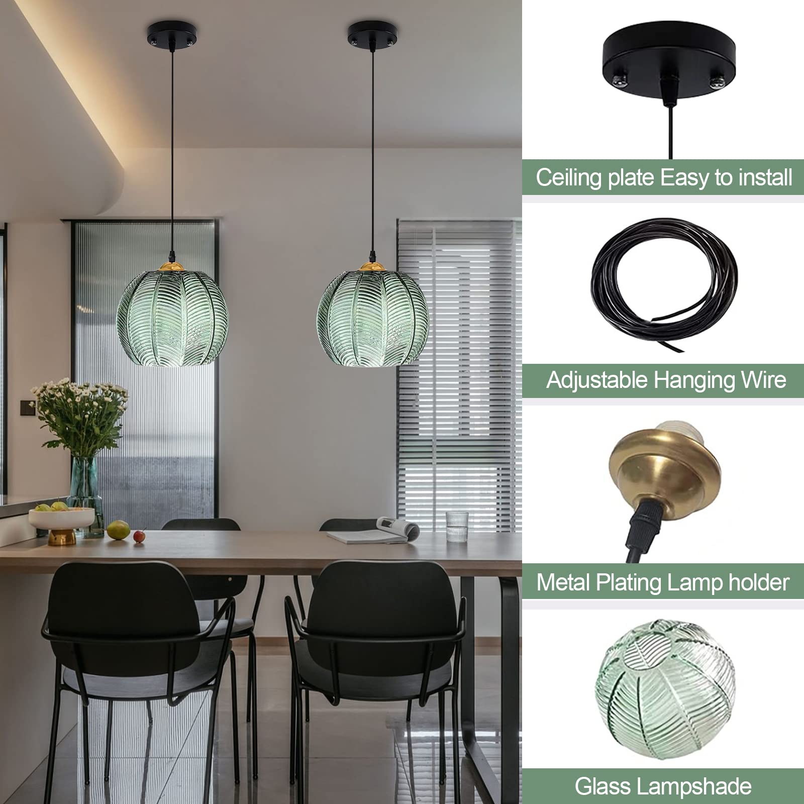 Lámpara Colgante Moderna de 1/3 Luces con Pantalla de Vidrio, diseño clásico de Vidrio Acanalado, Ajustable, Estilo Mediados de Siglo, Ideal para Isla de Cocina, Fregadero, Sala de Estar, pa