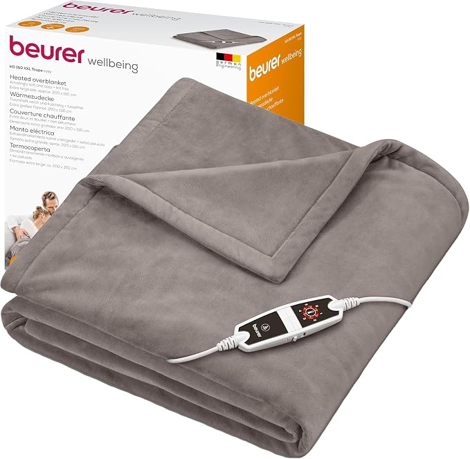 Beurer HD 150 XXL Manta eléctrica, manta eléctrica calefactora con desconexión automática, 200 x 150 cm, 6 ajustes de temperatura, lavable a máquina, manta acogedora, color topo