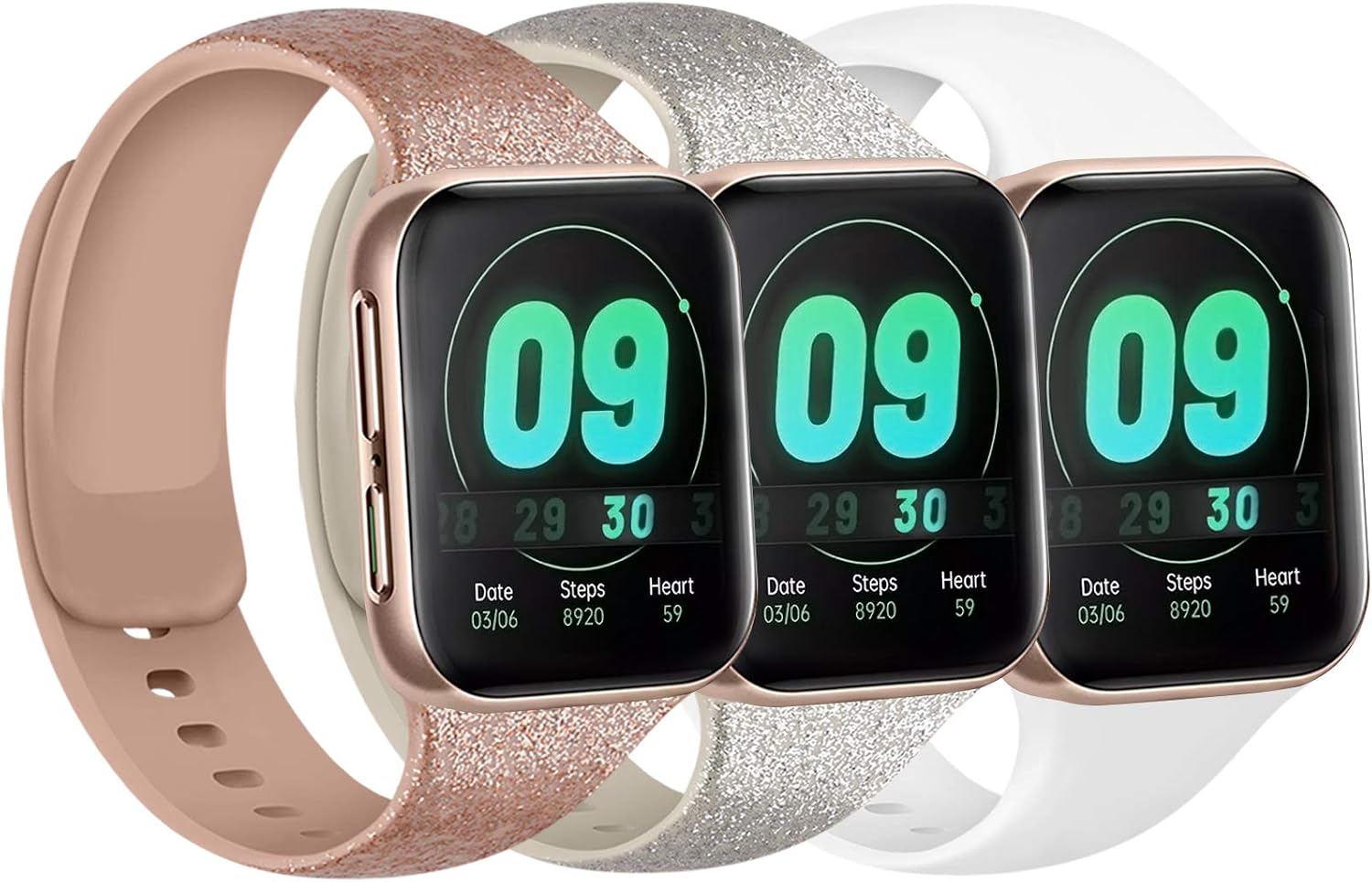 [3 Pack] Silicone Bands Compatible with Apple Watch Bands 38mm 40mm 42mm 44mm, Soft Wristbands Compatible with iWatch Bands (Oatmeal Glitter Silver/Khaki Glitter Rose Gold/White, 38mm/40mm S/M)