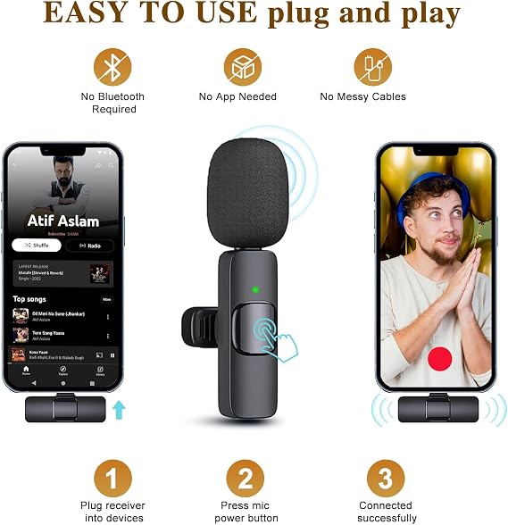 Wireless Microphone for iPhone 15 16,iPad, Android, Lavalier Microphone for Video Recording, Noise Reduction, Clip on Mini Mic for Tiktok, YouTube, Vlog, Podcast, ASMR