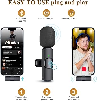 Wireless Microphone for iPhone 15 16,iPad, Android, Lavalier Microphone for Video Recording, Noise Reduction, Clip on Mini Mic for Tiktok, YouTube, Vlog, Podcast, ASMR