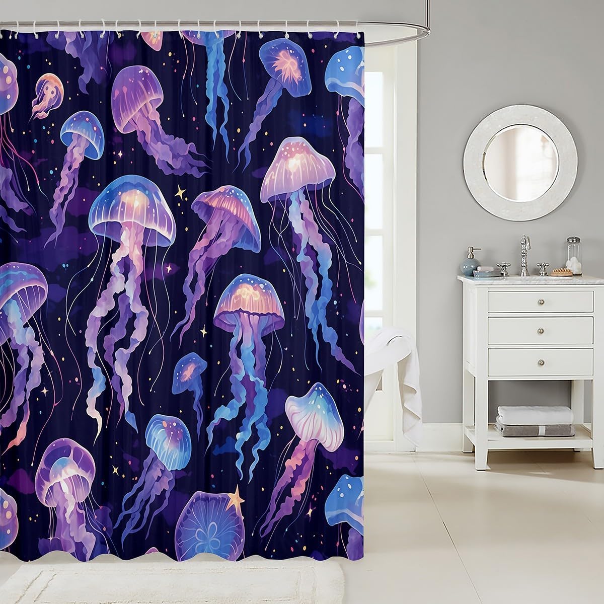 Feelyou Jellyfish Shower Curtain 72"x78" Ocean Bathroom Shower Curtain Set Sea Creature Underwater World Bath Curtain Waterproof Marine Life Sealife Kids Bathroom Accessories Purple