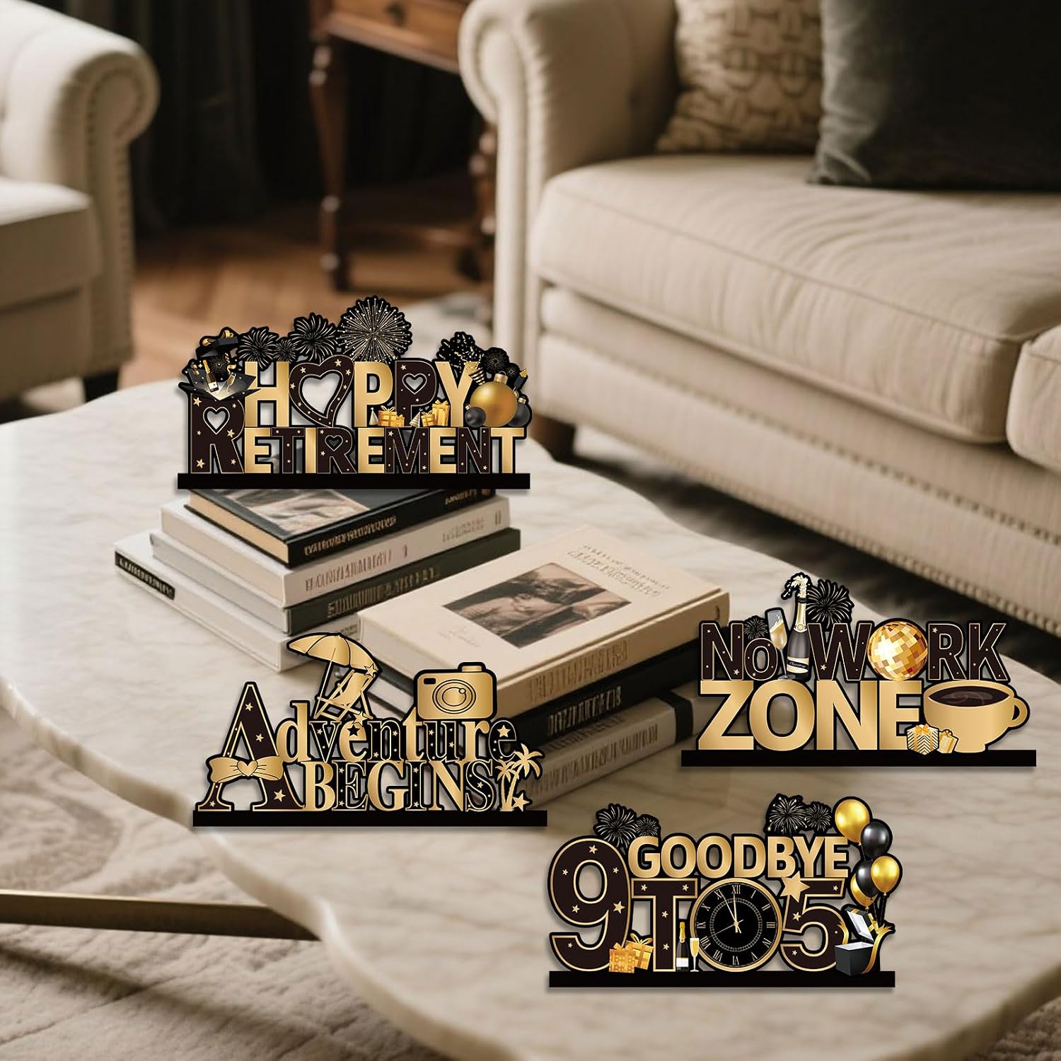 4Pcs Retirement Party Table Decorations Wooden Centerpieces with Tiered Tray Decor, Black and Gold Themed Retirement Theme for Office Farewell, Happy Retirement Gifts