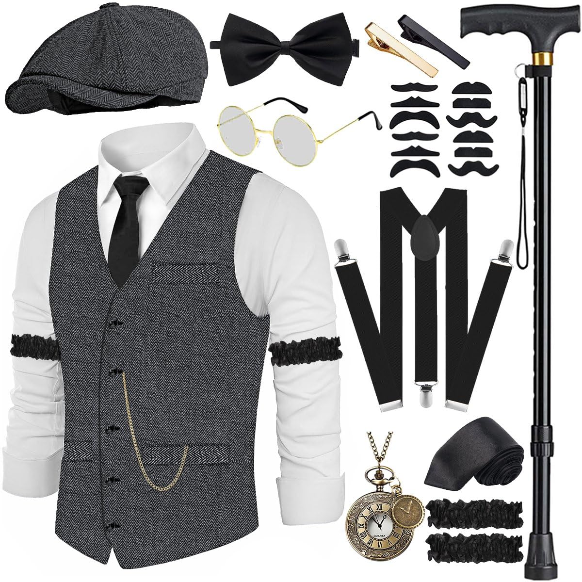 Disfraz de los años 20 para hombre, chaleco con accesorios, tirantes, muleta, reloj de bolsillo, barba, boina, gafas, alfiler de corbata para disfraz de mafia de los años 20, gángster, Peaky Blinders